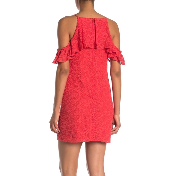 Trina Turk Lady Bug Roseville Ruffle Cold Shoulder Knit Lace Mini Dress Small - Picture 2 of 8